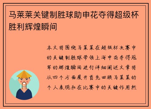 马莱莱关键制胜球助申花夺得超级杯胜利辉煌瞬间